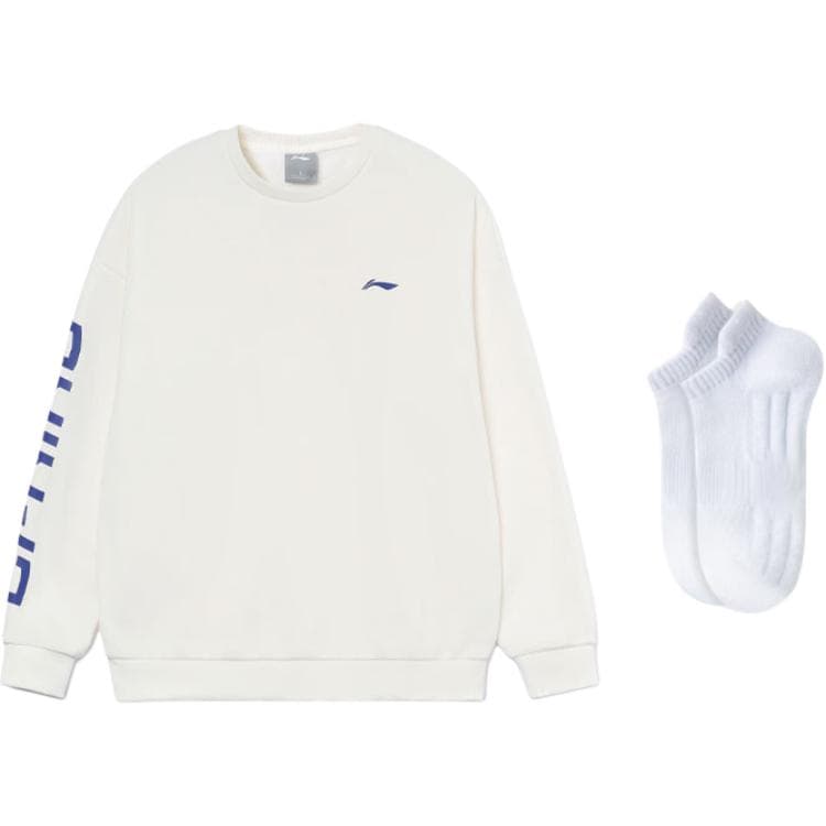 Li Ning Collection Logo Print Thermal Fleece Lined Loose Fit Pullover Sweatshirt White