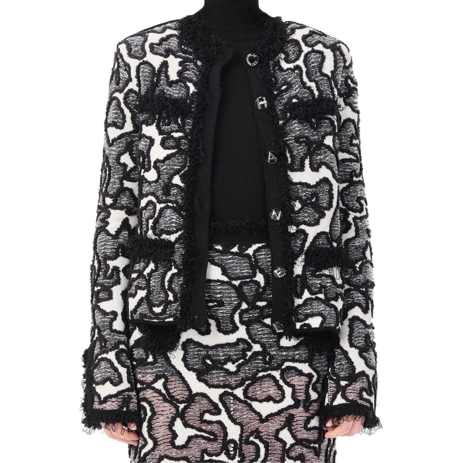 CHANEL Jackets Black/White Stand Collar Moderate Straight Fit