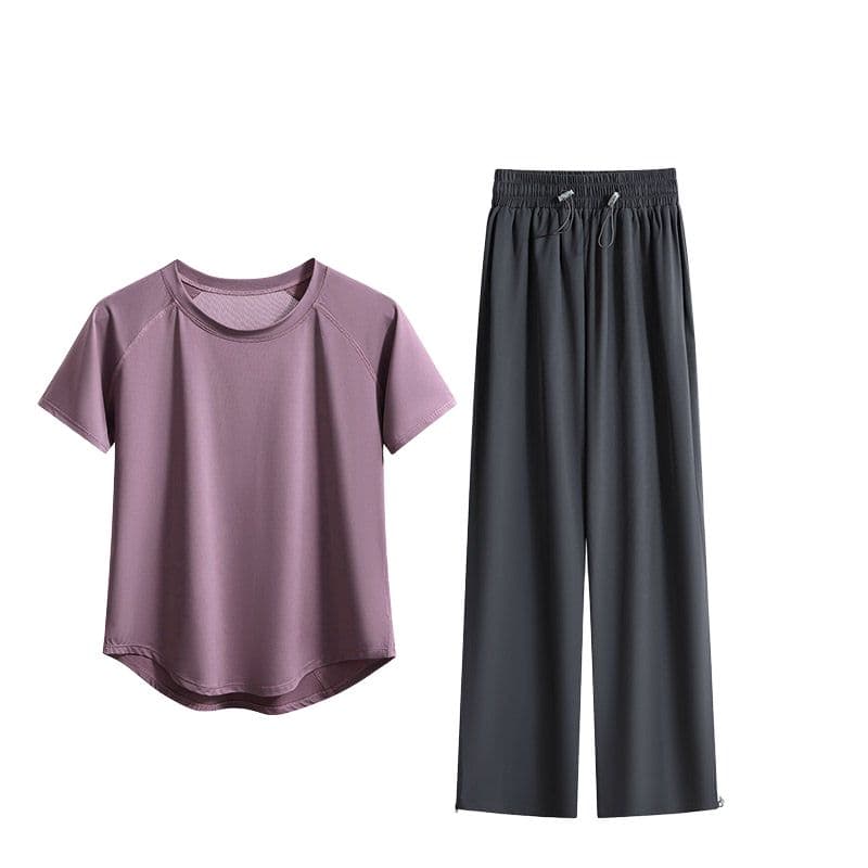 Sugarfunk Fitness Sets Thin Purple ShortSleeved TShirt+Gray