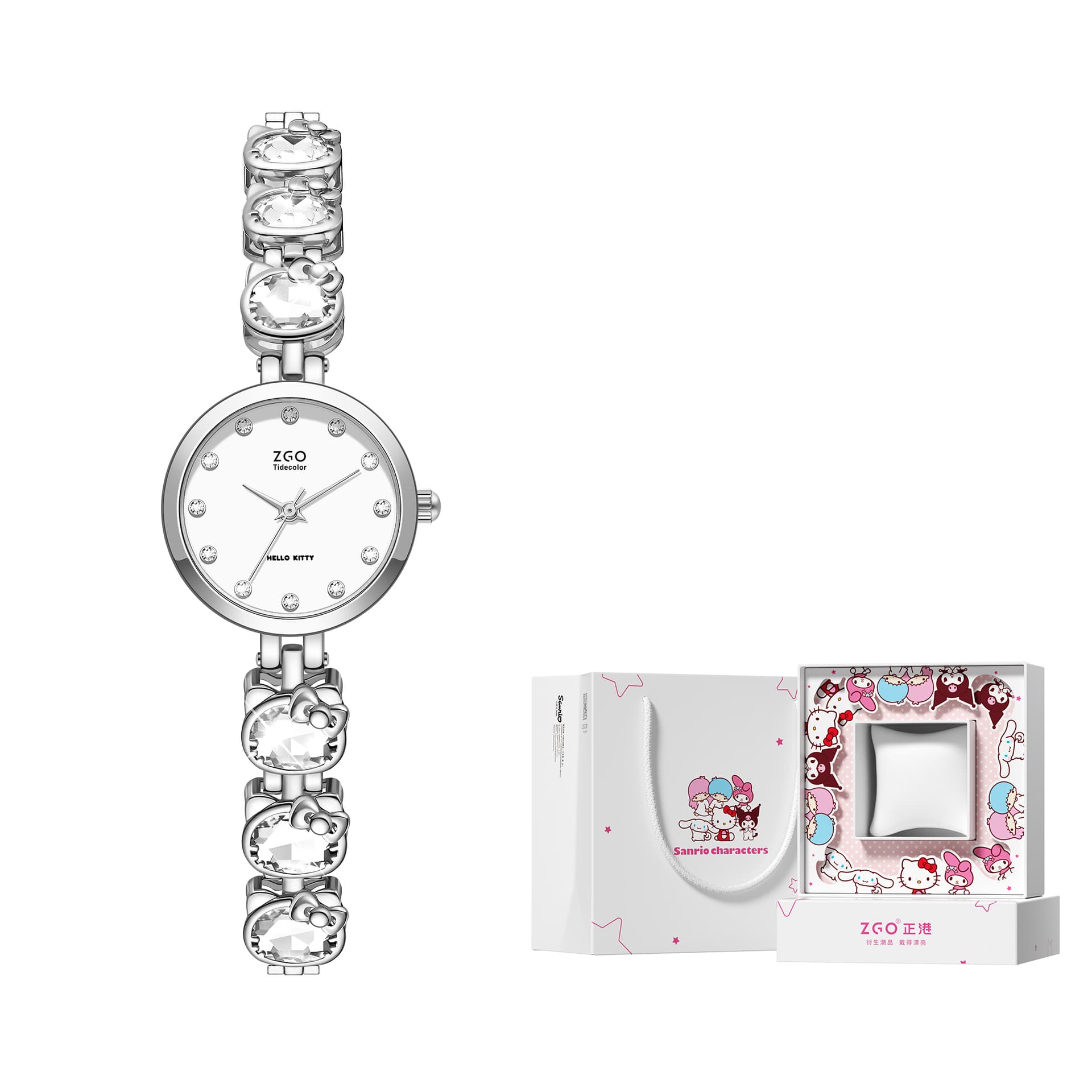 Zgo Hello Kitty Co branded Quartz Movement Alloy Strap Watch Watch White Dial Waterproof