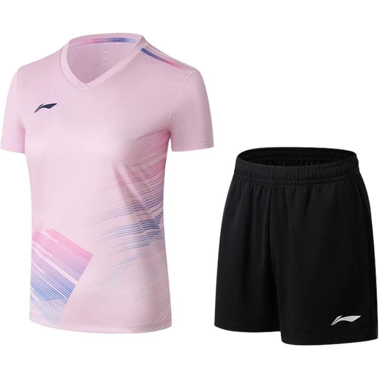 LiNing Badminton Uniform Sets Set (Dusty Pink Top+Black Bottom) Vneck Moderate