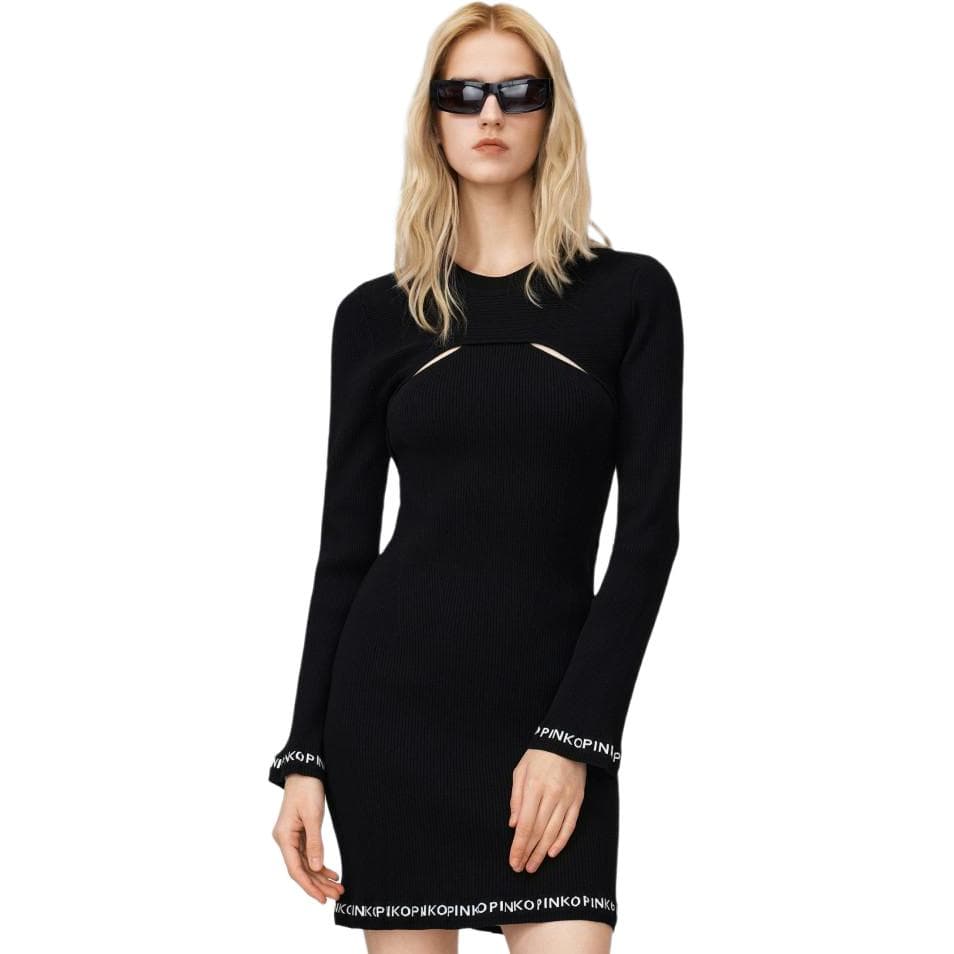 PINKO LongSleeved Black Crew Neck Moderate Short Skirt