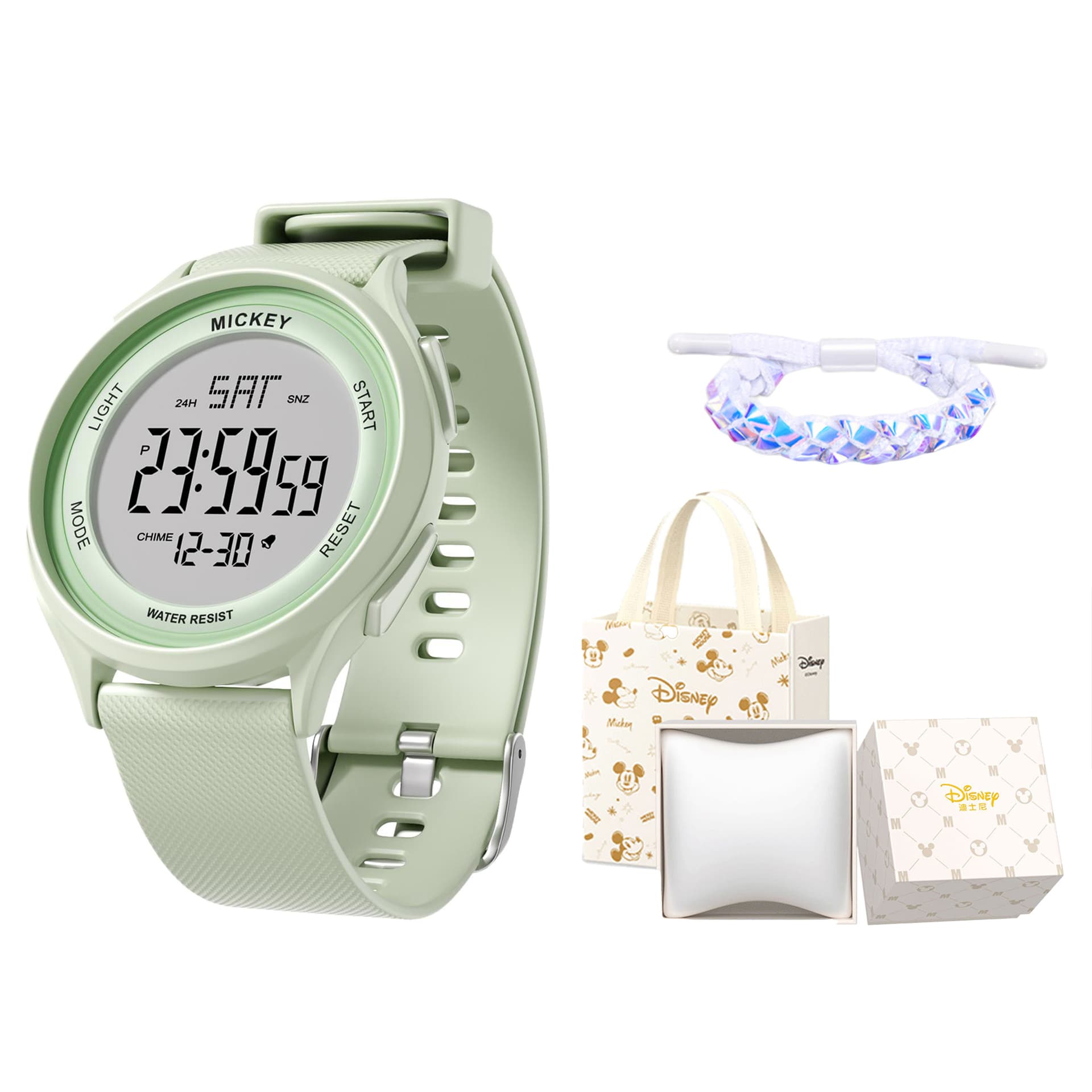 Disney Electronic Movement TPU Strap Black Dial Light Green[Disney Box+Bracelet]
