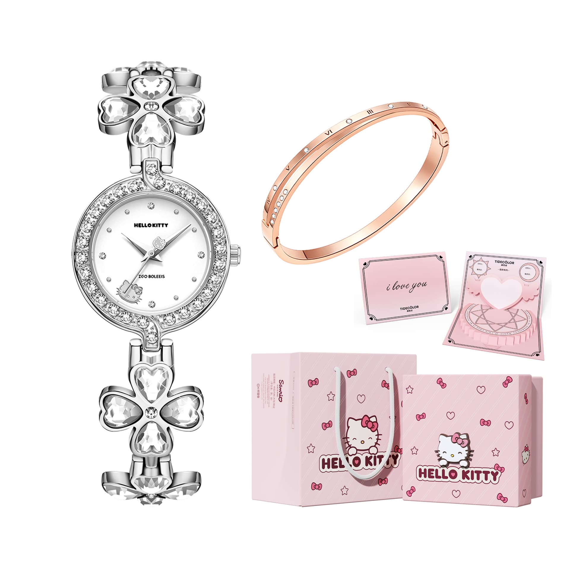 Zgo Hello Kitty Cobranded Quartz Movement Alloy Strap Watch Watch White Dial Waterproof
