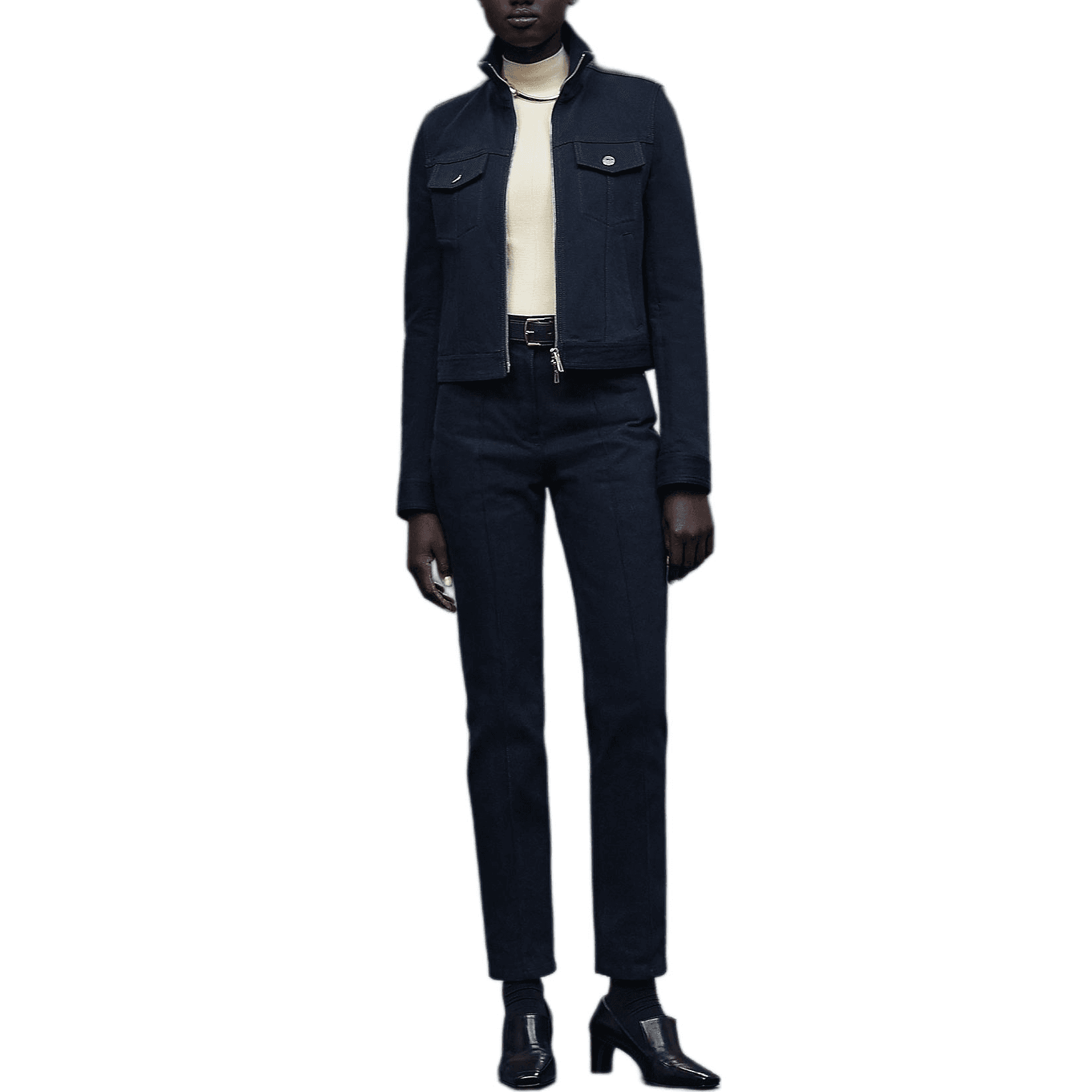 HERMES Denim Jackets Black Blue Turtleneck Moderate Straight Fit
