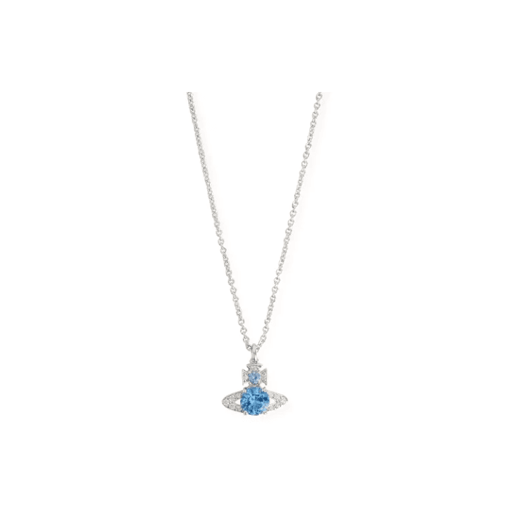 Vivienne Westwood Brass Saturn Styling Sparkling Rhinestone Necklace Silver/Sea Blue