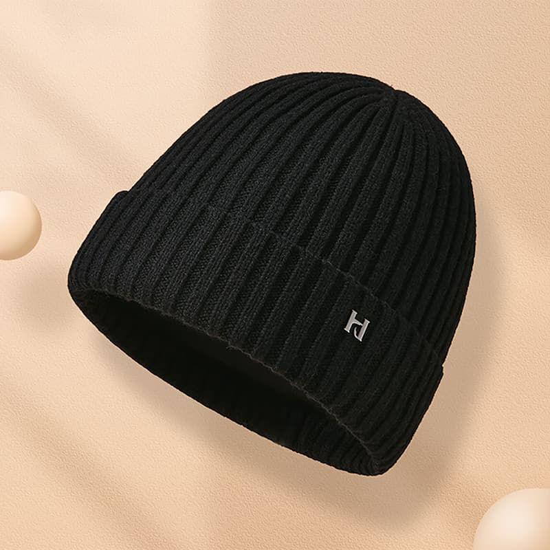 HLA Solid Color Versatile Fleece Lined Double Layer Super Soft Lining Knitted Hat, Tea Ink Black