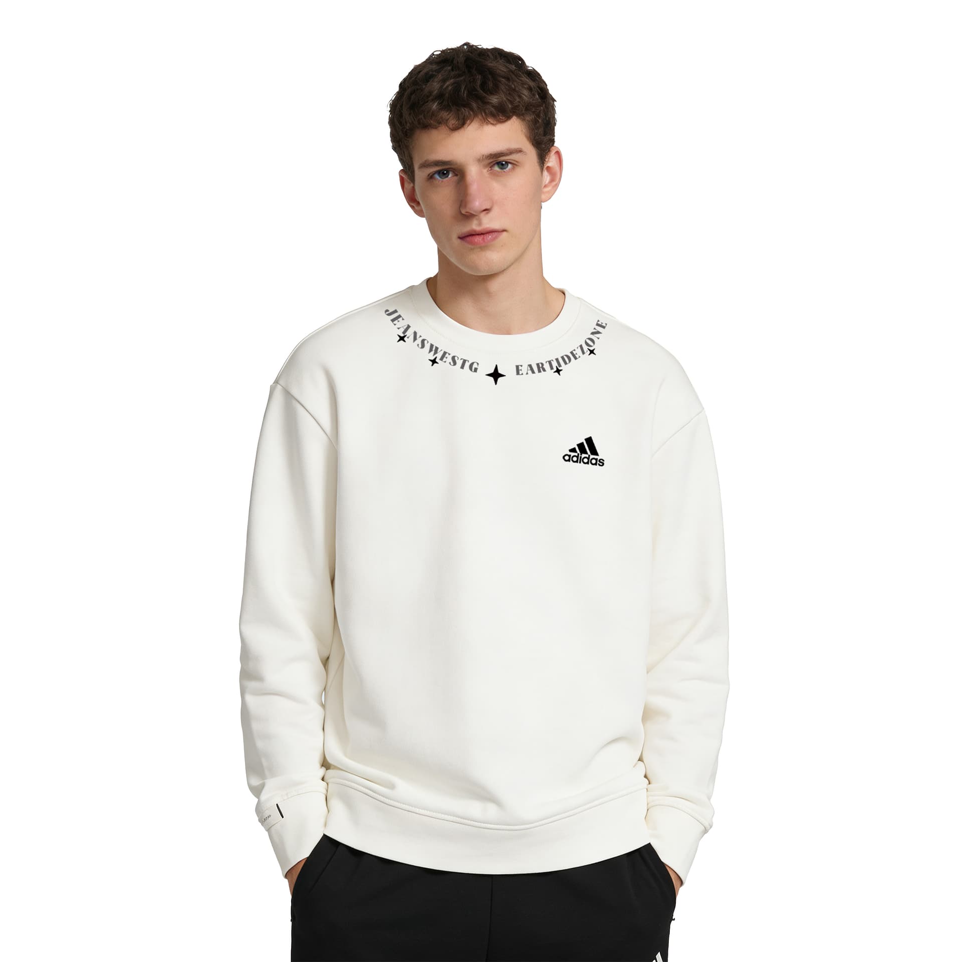 Adidas LABEL Mist White Star Trail, Shimmery Cat, Niche Design, Warm, Versatile, Fleece Lined Pullover Long Sleeved