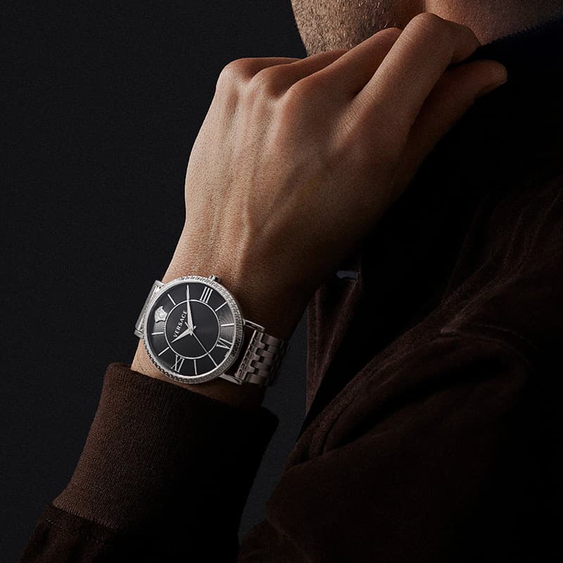VERSACE Wrist Watch Quartz Movement Stainless Steel Strap 45 Black Dial Limited Fortune Box+Silk Scarf
