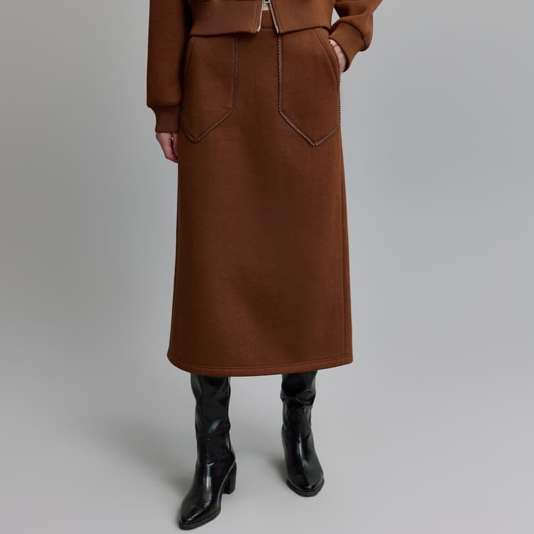 ELLE TwoPiece Skirt Sets Brown Stand Collar Moderate