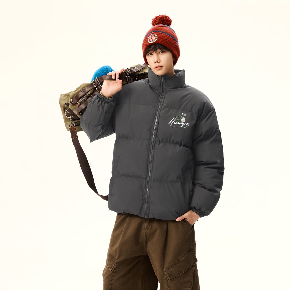 HUANQIU Puffer Jackets Stand Collar Thickened Padded Puffer Jacket