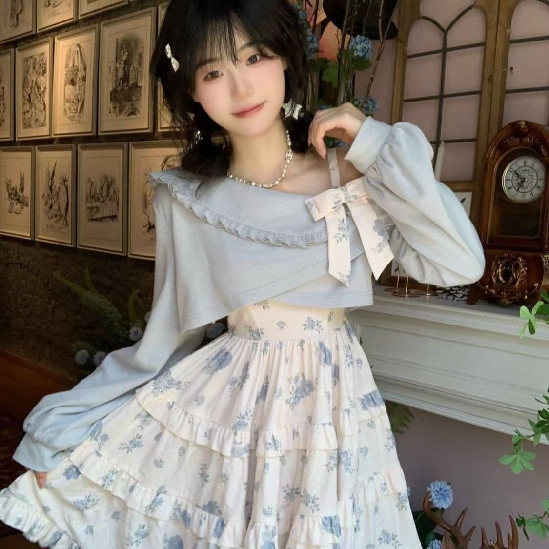 SIXUSICHOU Two Piece Skirt Sets Light Blue Crew Neck Moderate Mid Length