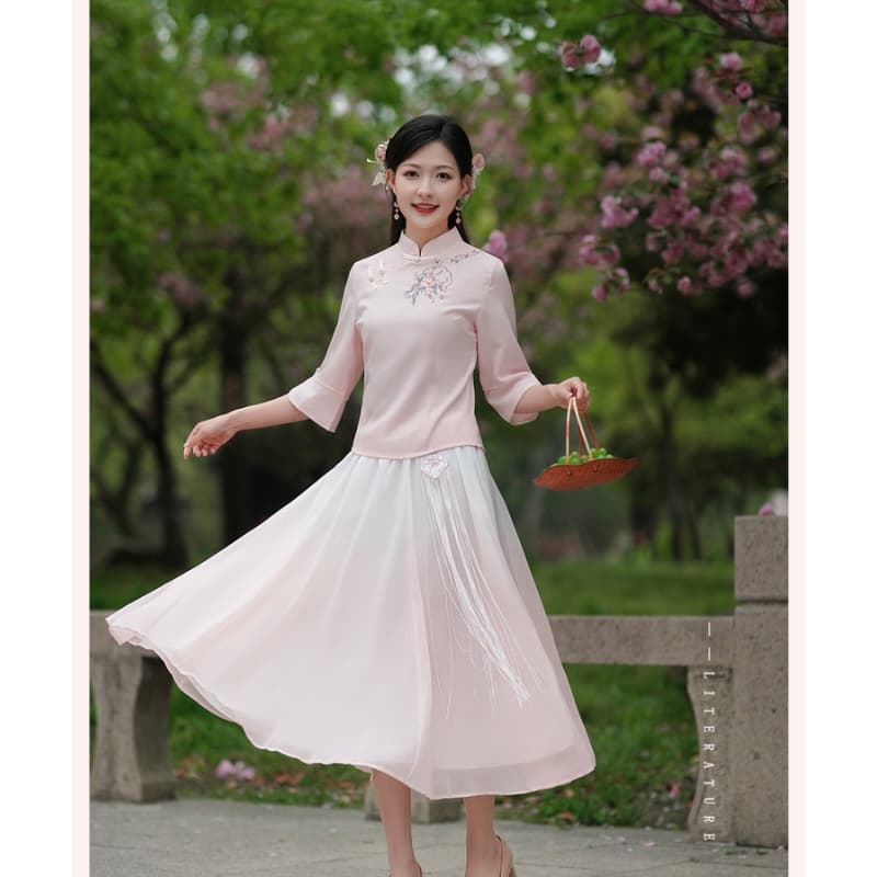 SIXUSICHOU Two Piece Skirt Sets Stand Collar Thin Mid Length