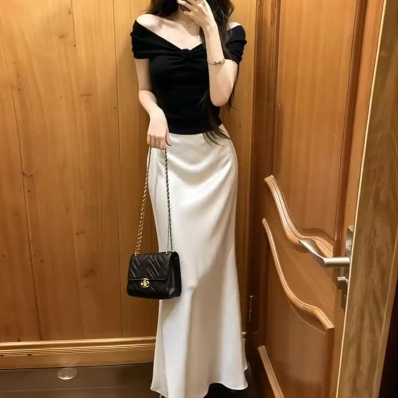 Aghr Two Piece Skirt Sets Off The Shoulder Thin Long Skirt