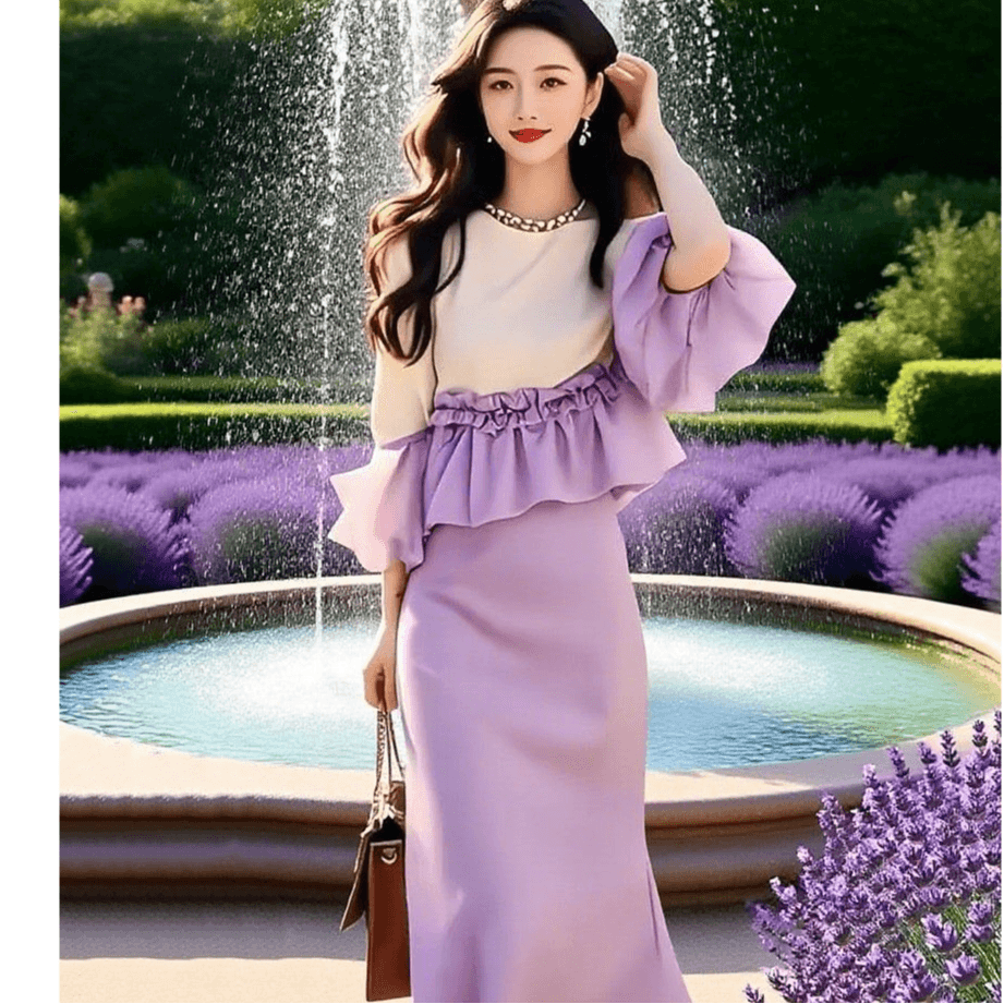 Two Piece Skirt Sets Crew Neck Moderate Long Skirt