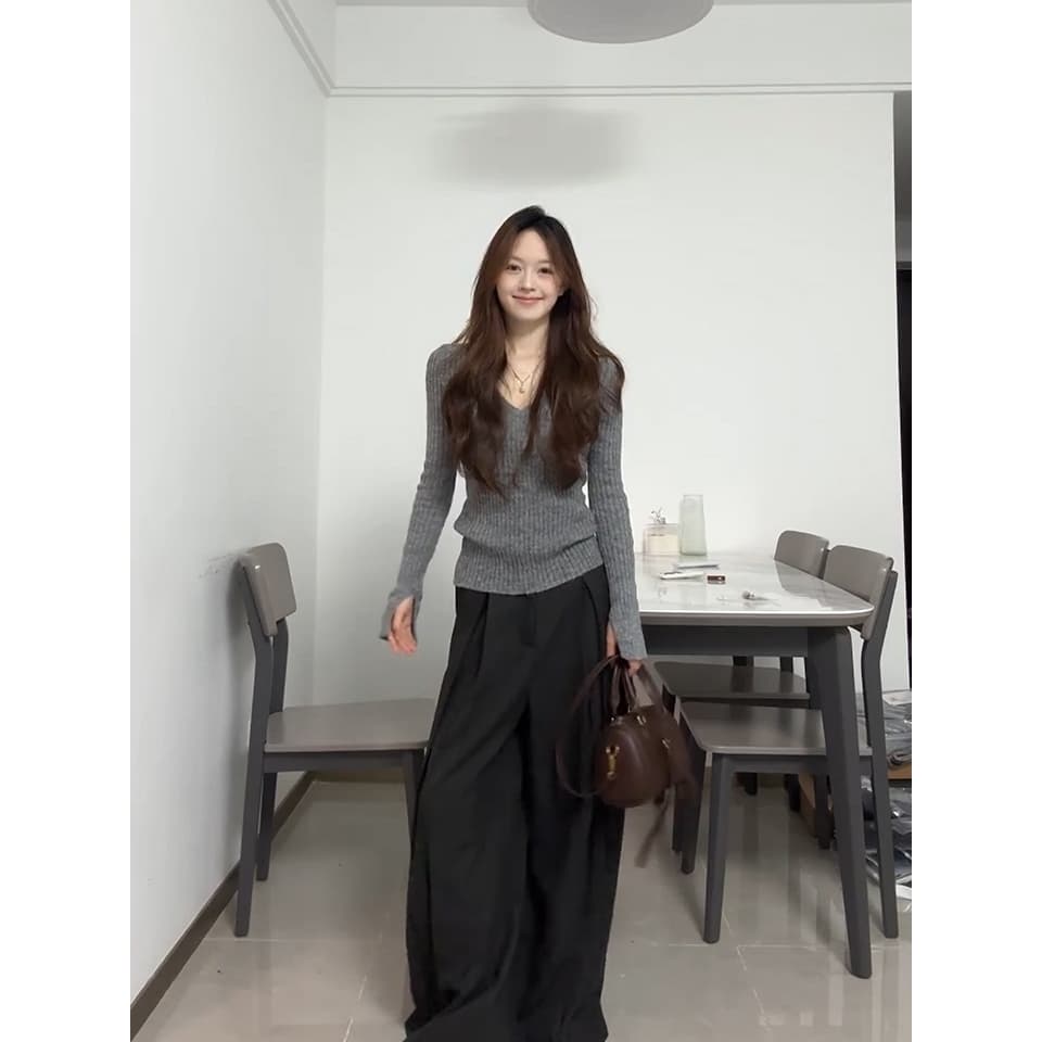 DAIERJIAREN Knitwear Gray Vneck Moderate Base Layer