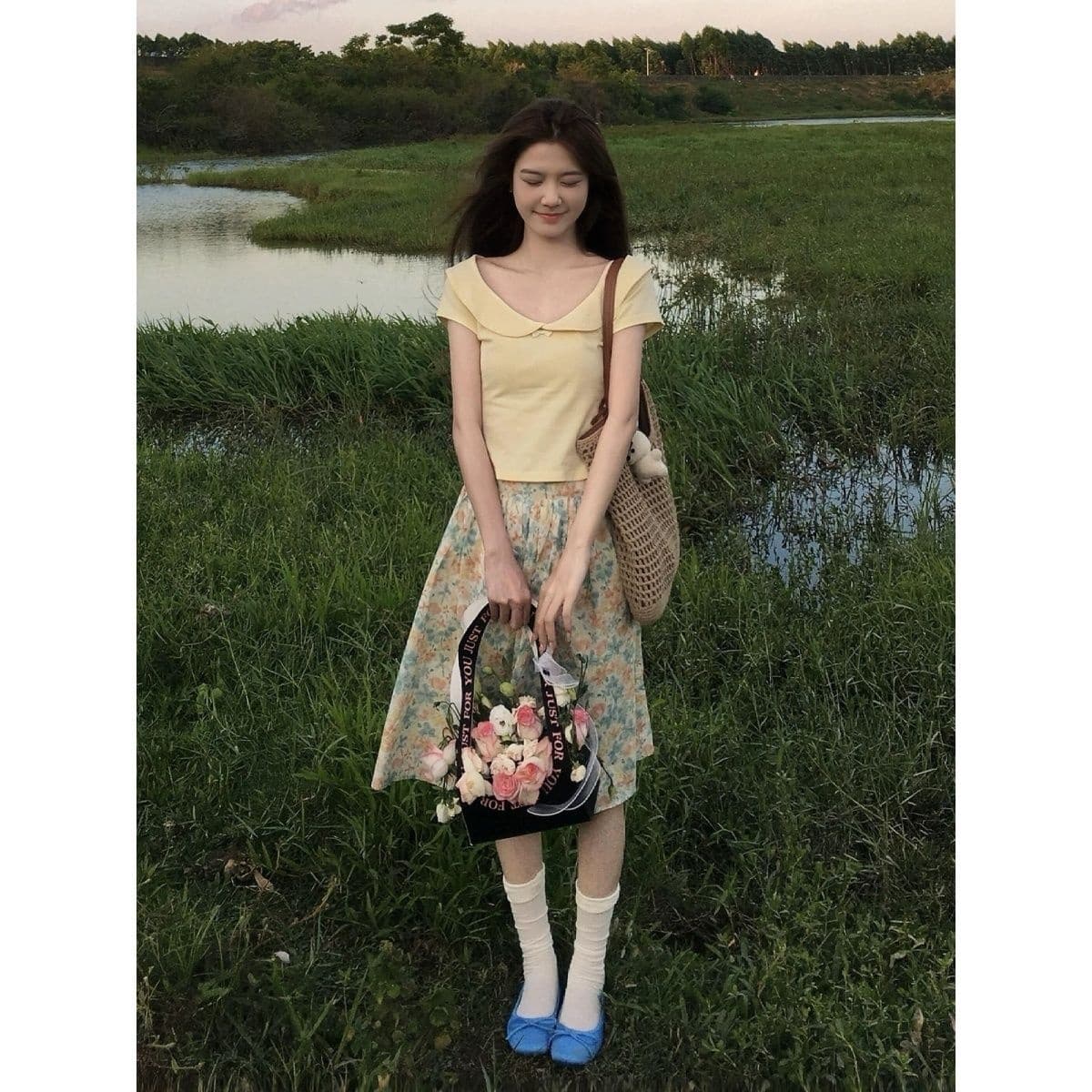 Two Piece Skirt Sets Peter Pan Collar Thin Midi Skirt