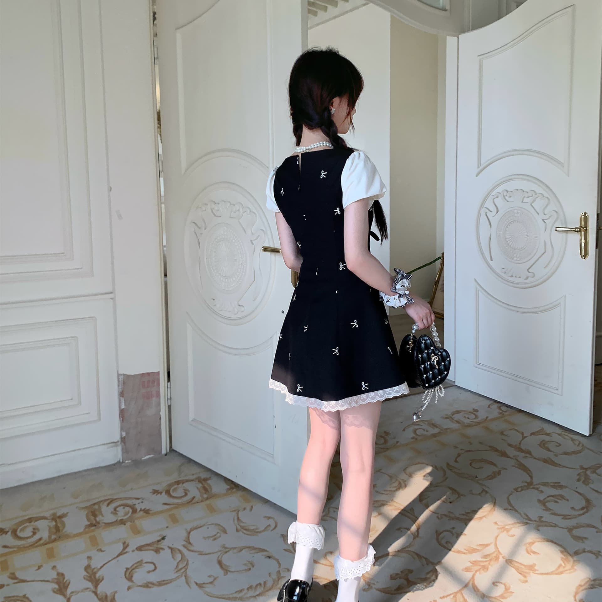 FABRIC PIG ShortSleeved Black ShortSleeved Dress Crew Neck Moderate Short Skirt Aline Skirt