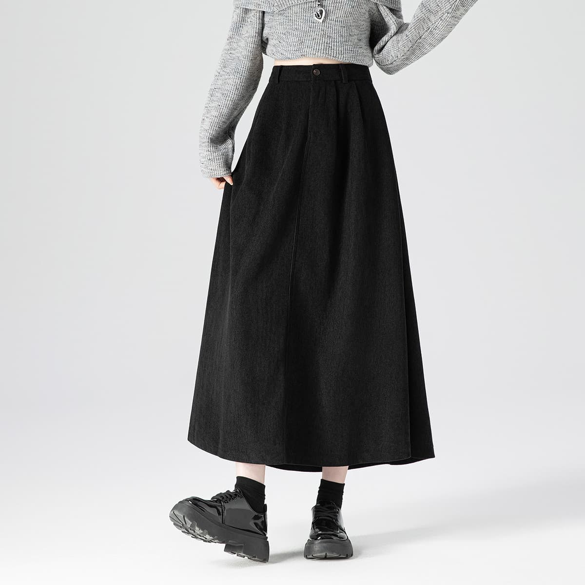 BALENO Corduroy Fleece Lined High Rise Slimming A Line Solid Color Loose Fit Maxi Skirt Vintage Pleated Skirt