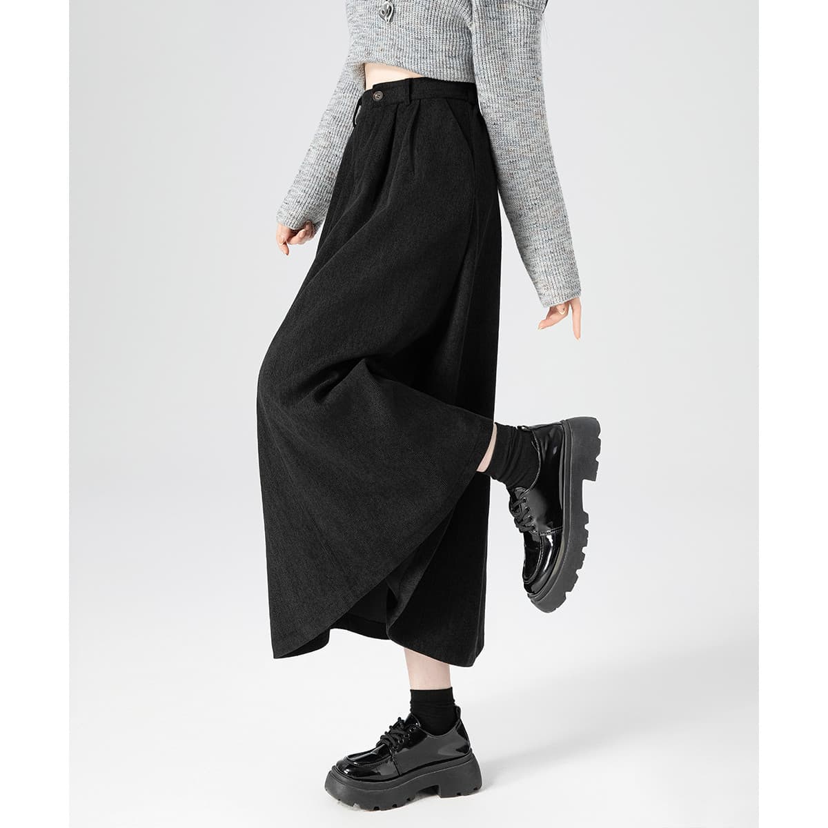 BALENO Corduroy Fleece Lined High Rise Slimming A Line Solid Color Loose Fit Maxi Skirt Vintage Pleated Skirt