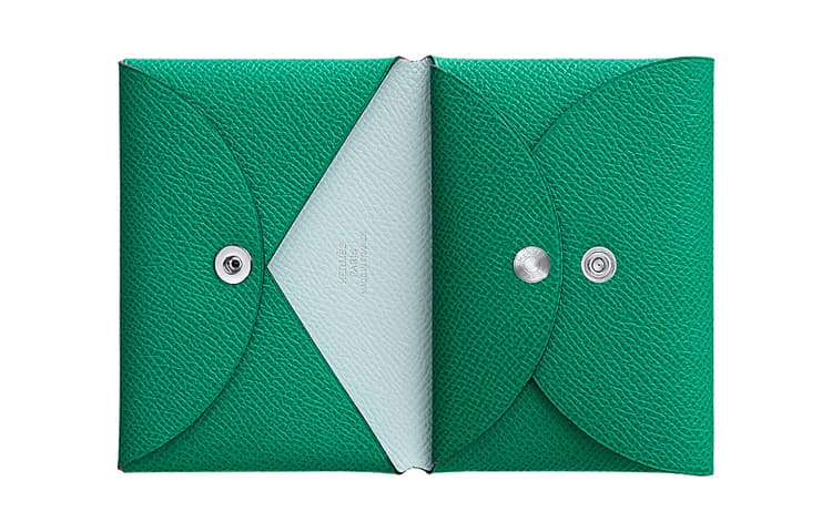 HERMES Calvi Duo Silver Tone Buckle Epsom Card Holder Green/Light Blue