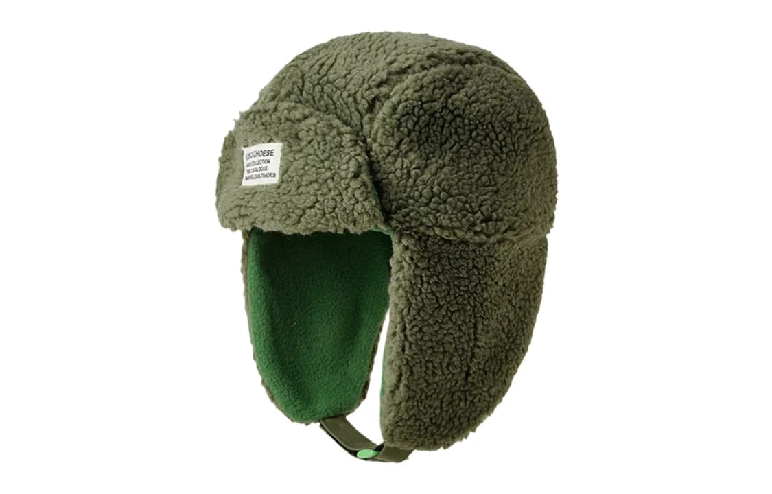 Army green letter cloth label lambswool ear cap