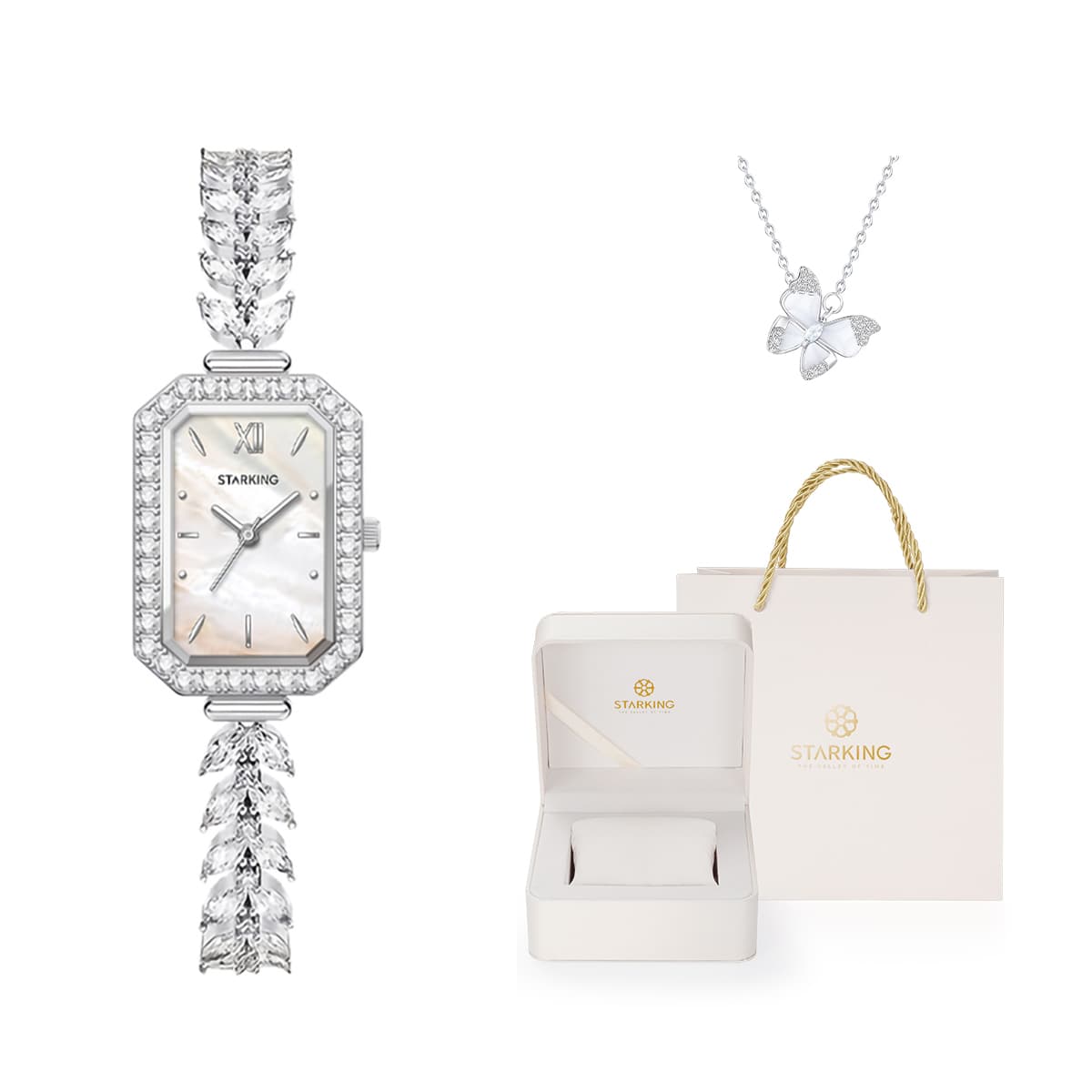 STARKING Mermaid Collection Quartz Movement Alloy Strap Watch Watch Blue Dial TL1173SS11+Butterfly Necklace