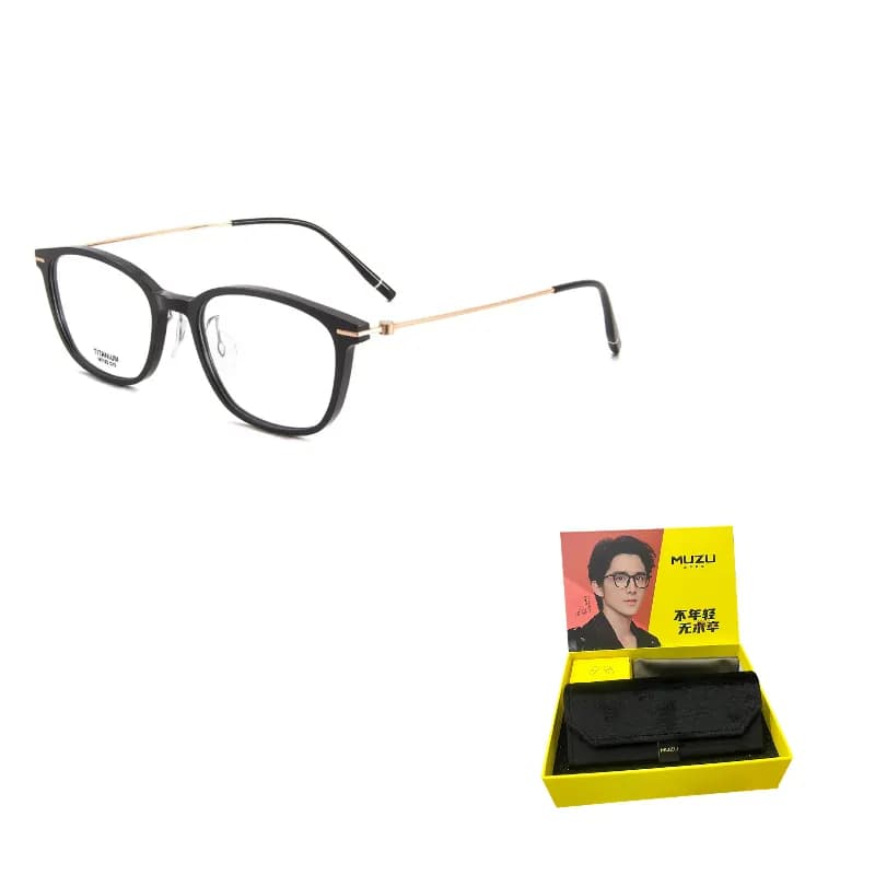 MUZU Titanium Plate TR90 Rectangular Eyeglass Frames Bright Black | Rose Gold-C13 Frame Only