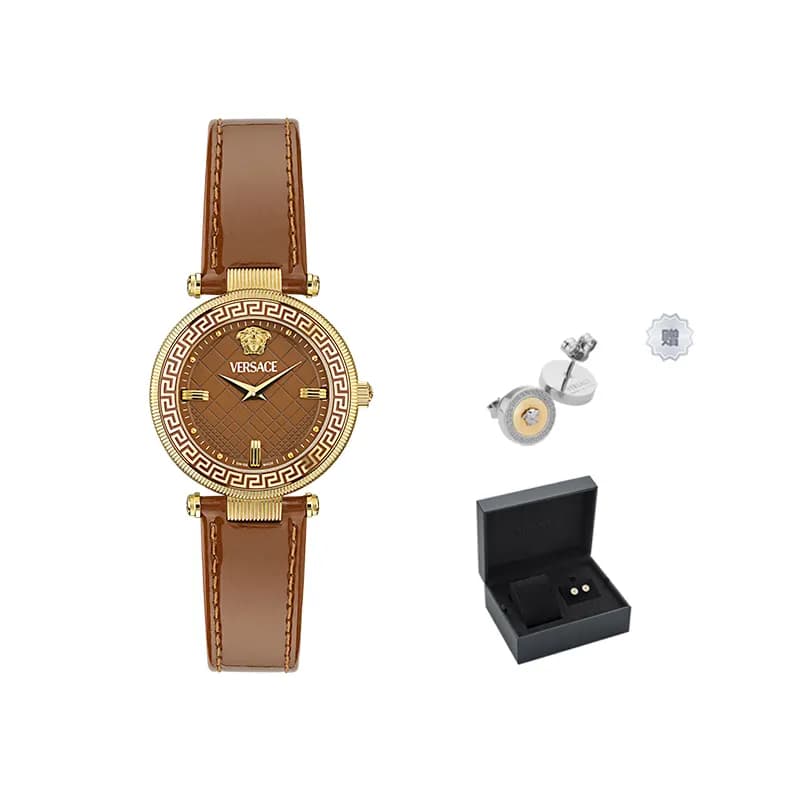 VERSACE Wrist Quartz Movement 36mm Black Dial Watch Box Limited Edition+Silk Scarf Orange Watch+Brand Earrings Set