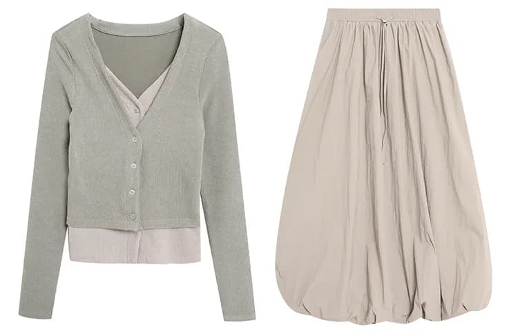 Gray Pea Green Knitwear+Moonlight Gray Skirt