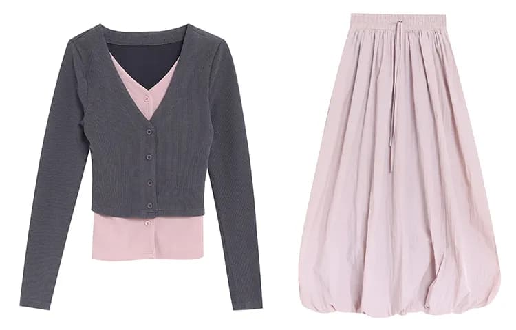 Gray Knitwear+Gray Pink Skirt