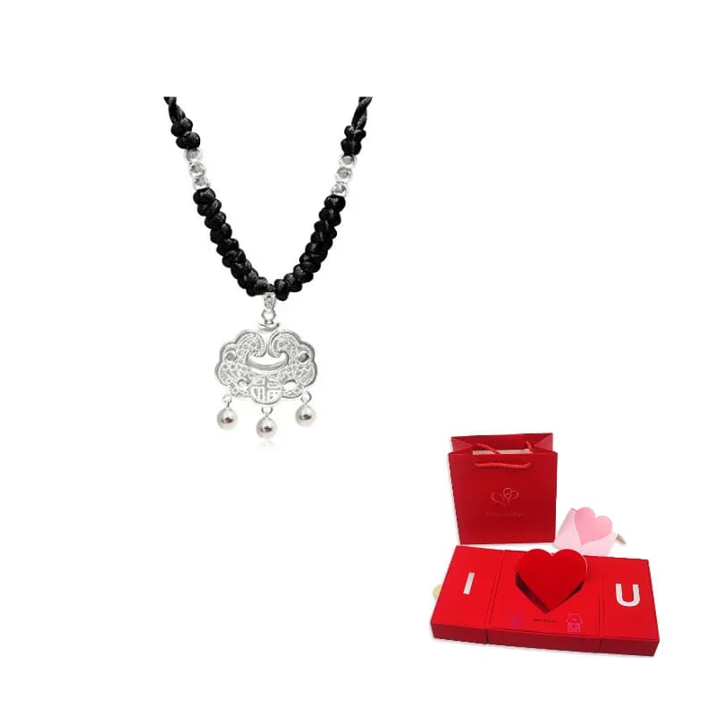 MOONS FAME 990 Silver Chinese Zodiac Necklaces Auspicious cloud peace lock pendant black rope