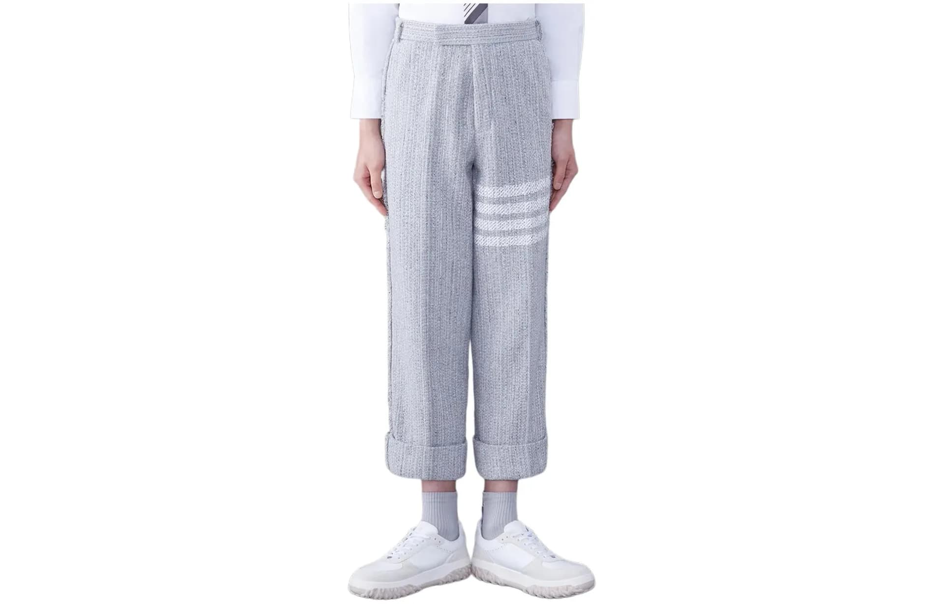 THOM BROWNE 4 Bar Cotton Tweed Trousers Gray
