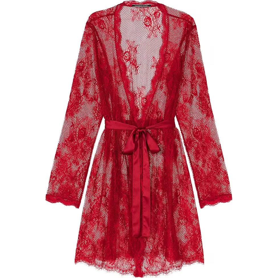 Victoria's Secret Sheer Lace Wrap Robe Sleep Robe Red Red Lacquer/Red