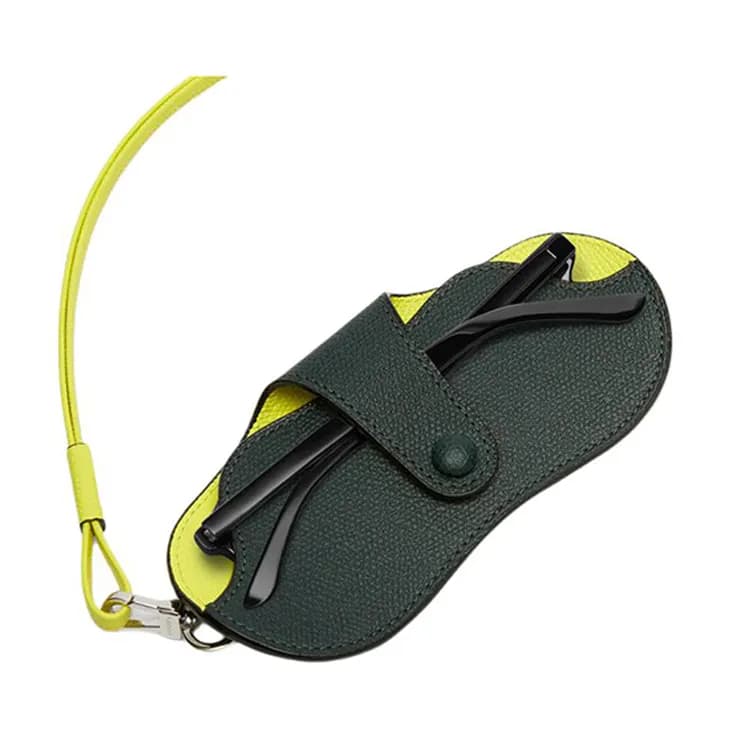 Valextra Calfskin Eyeglass Pouch Mini Deep Green With Lemon Yellow