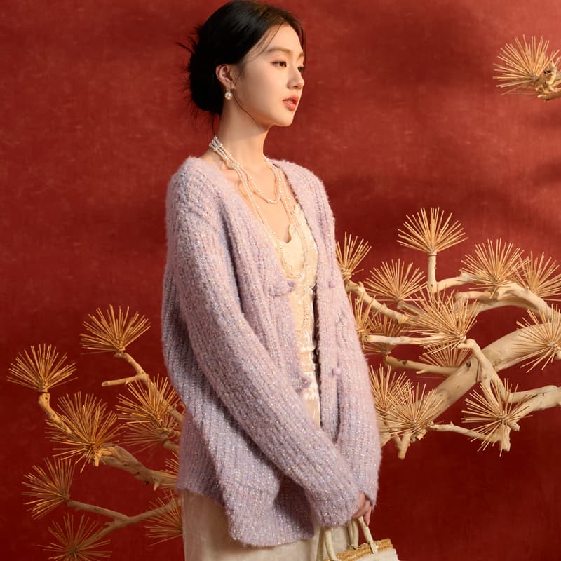 3COLOUR Sweaters Taro Purple Vneck Moderate Cardigan