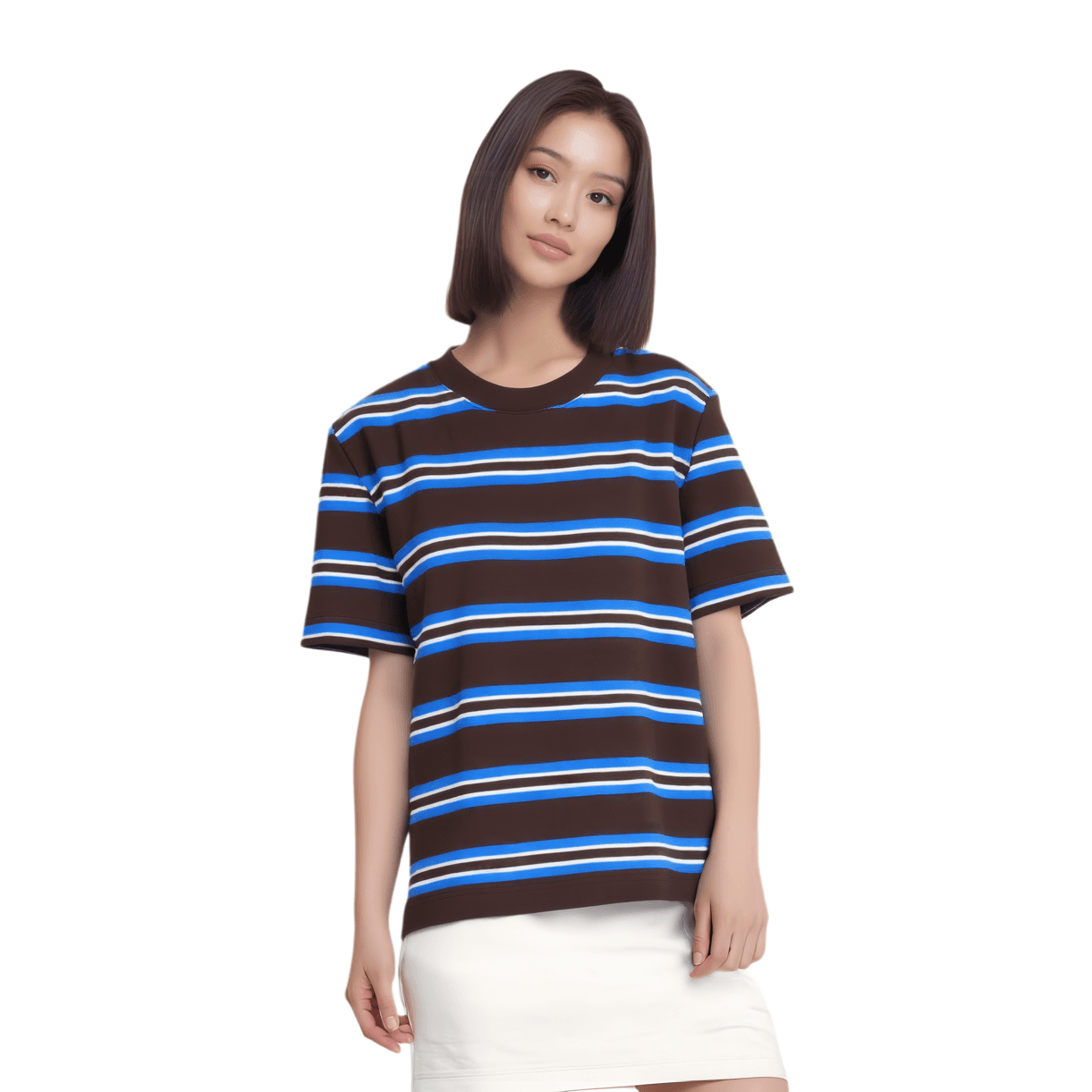 COS TShirts Brown/Blue/Stripes Crew Neck