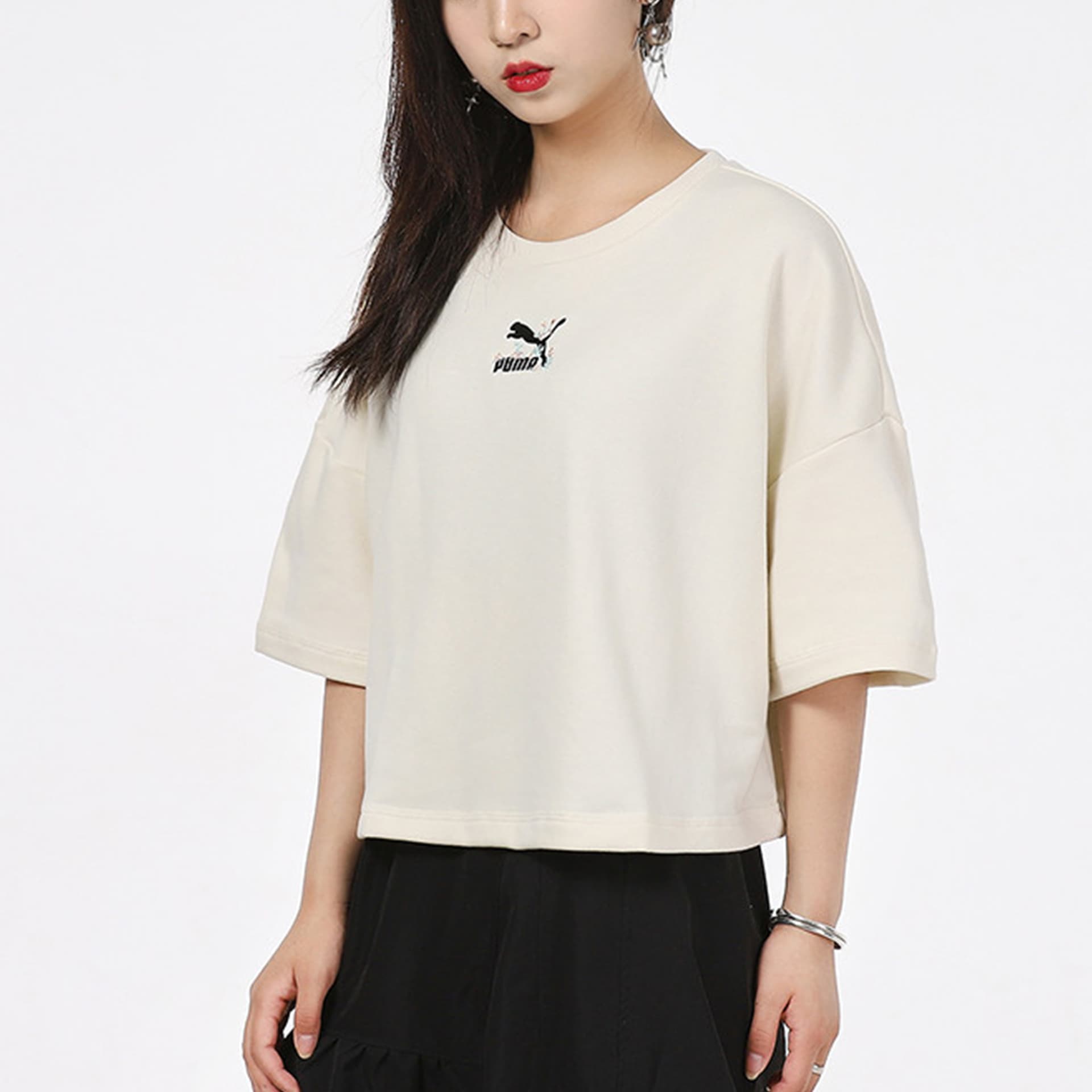 PUMA Crop Tops Ecru Crew Neck Moderate