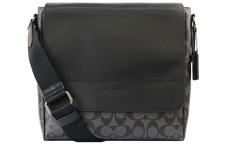 COACH Houston Coated Canvas With Cow Messenger Bag, Crossbody Bag, Shoulder Bag Medium Black