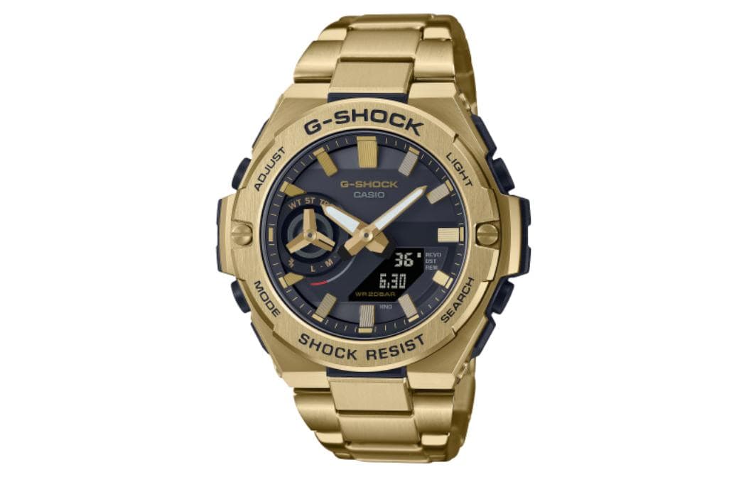 CASIO Men GSTEEL Series Black Watch Gold Strap