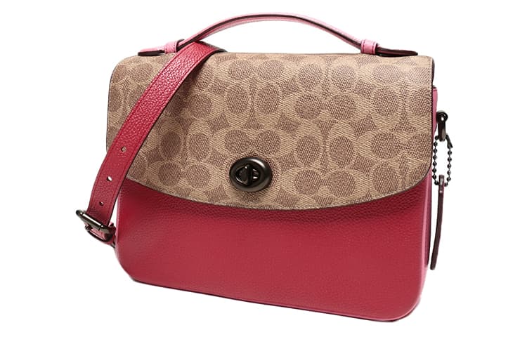 COACH Cassie Canvas With Messenger Bag, Handbag, Shoulder Bag, Crossbody Bag Medium Brown Yellow/Red