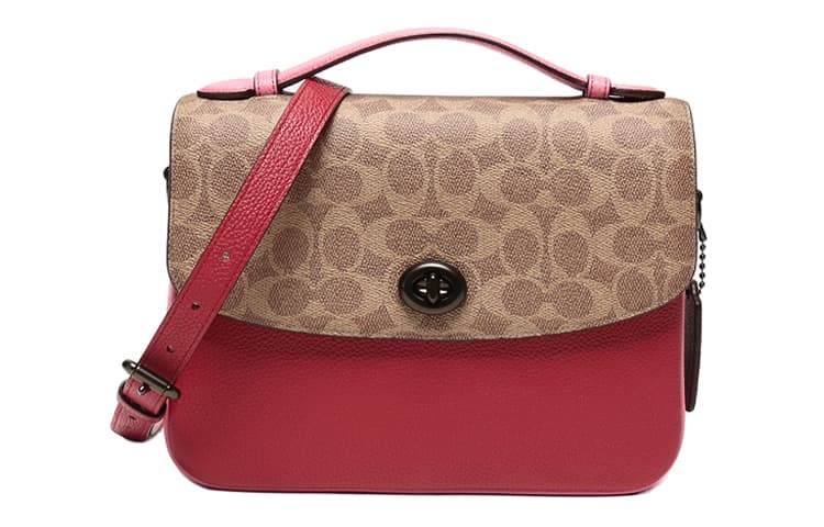 COACH Cassie Canvas With Messenger Bag, Handbag, Shoulder Bag, Crossbody Bag Medium Brown Yellow/Red Basic Set (Bag+Dust Bag)