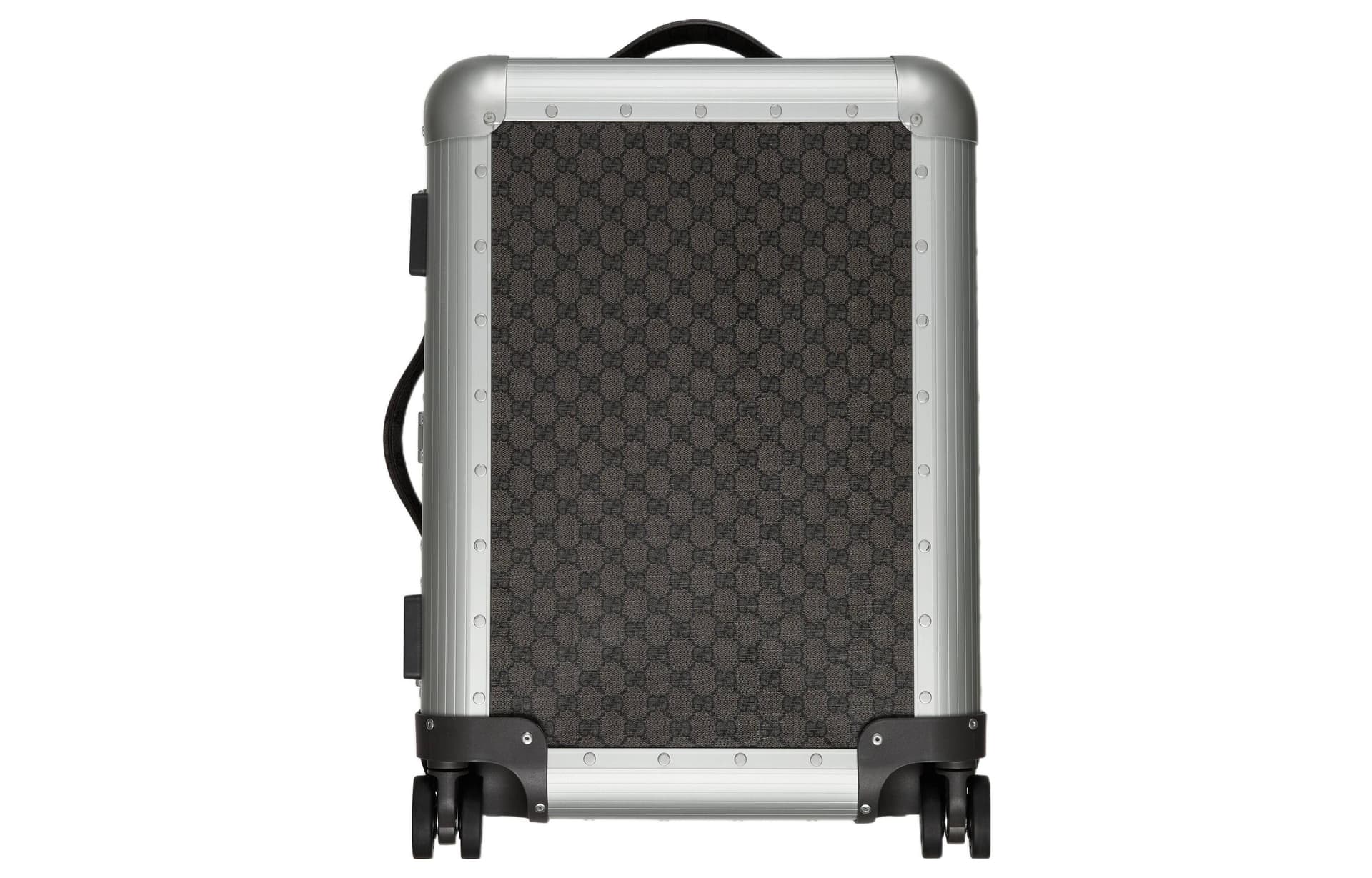 GUCCI Canvas & Silver Aluminum Binding Travel Bag, Suitcase, Luggage 22 Inch Gray