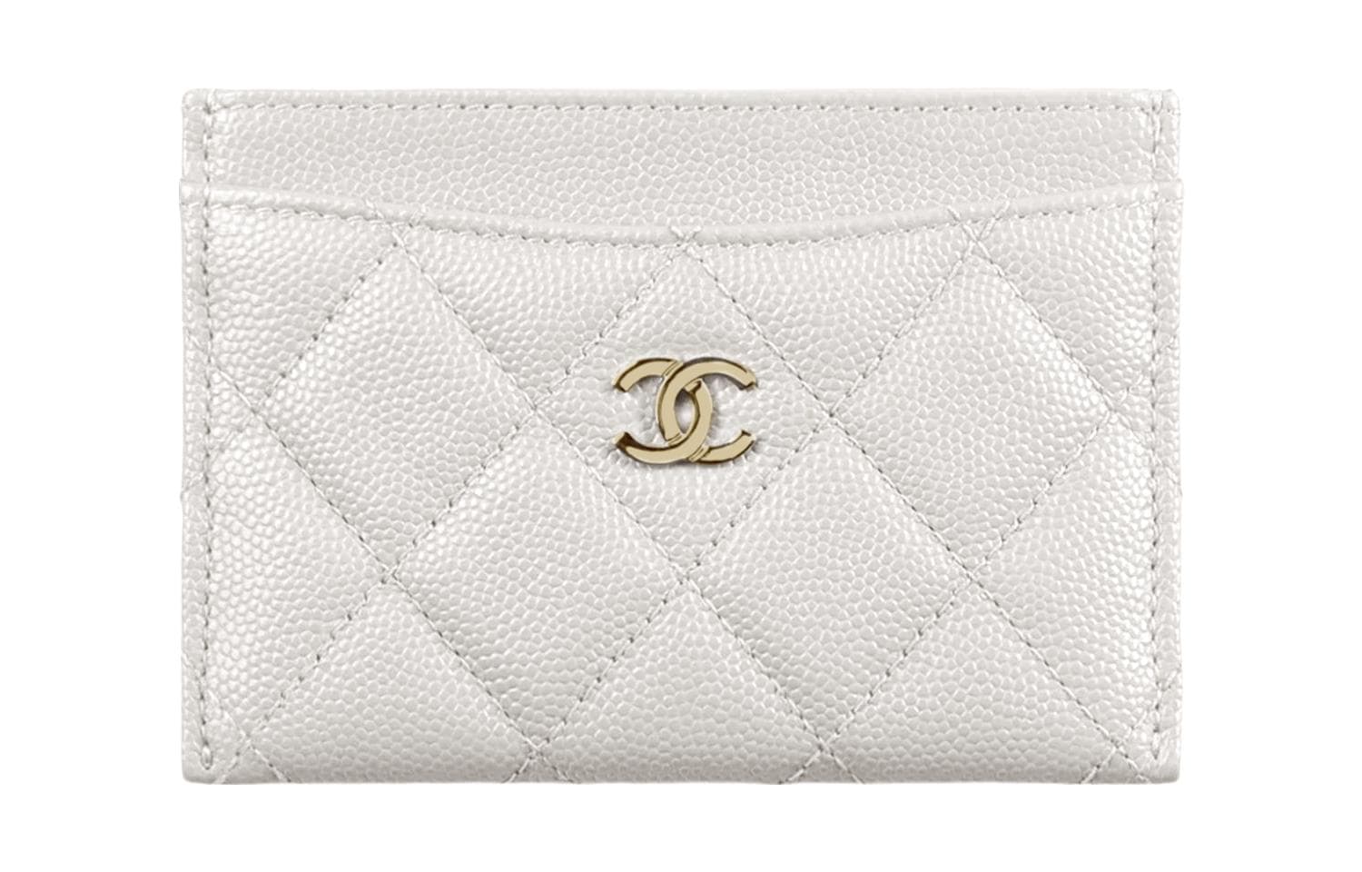 CHANEL Grain Calfskin Coin Purse, Card Holder Regular White