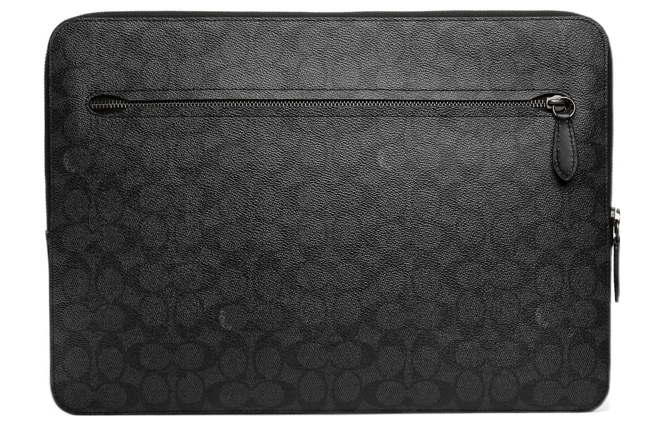COACH Zip Around Coated Canvas With Refined Calfskin Laptop Bag Large Black Basic Set (Bag+Dust Bag)