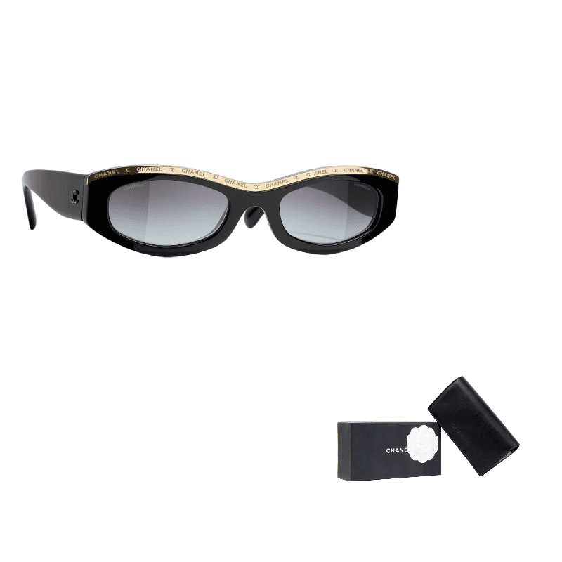 CHANEL Plate Frame Irregular Shape Sunglasses Black
