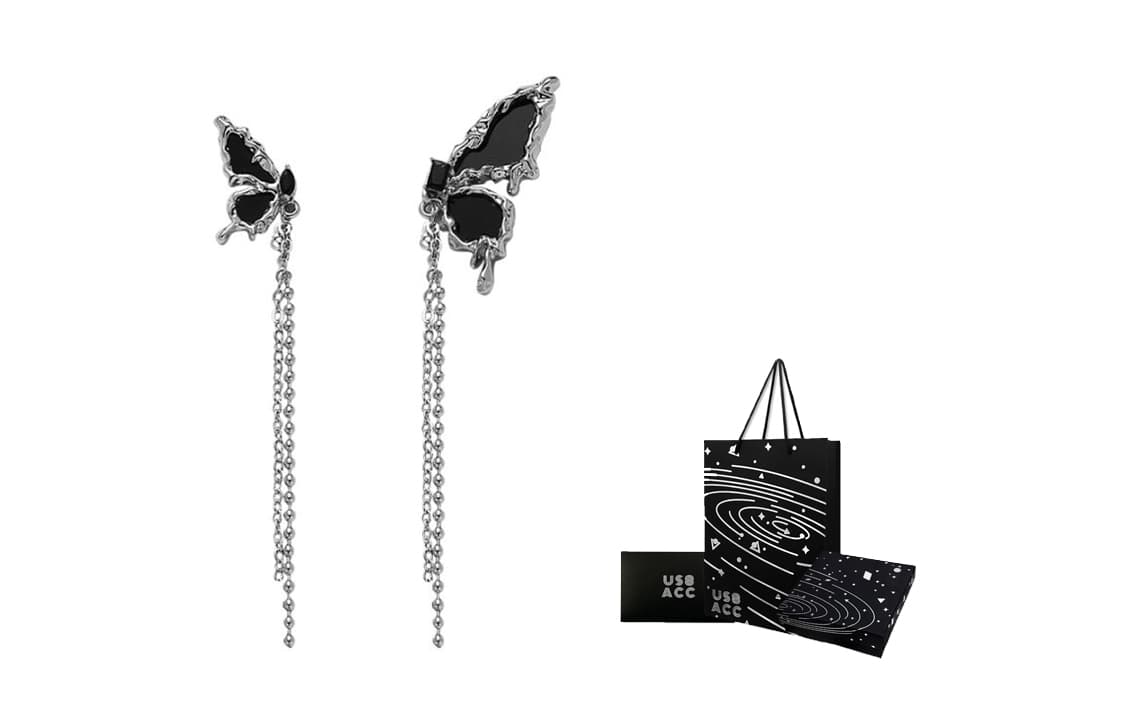 US8ACC Earrings Silver Black Melted Butterfly Fringe Drop Earrings