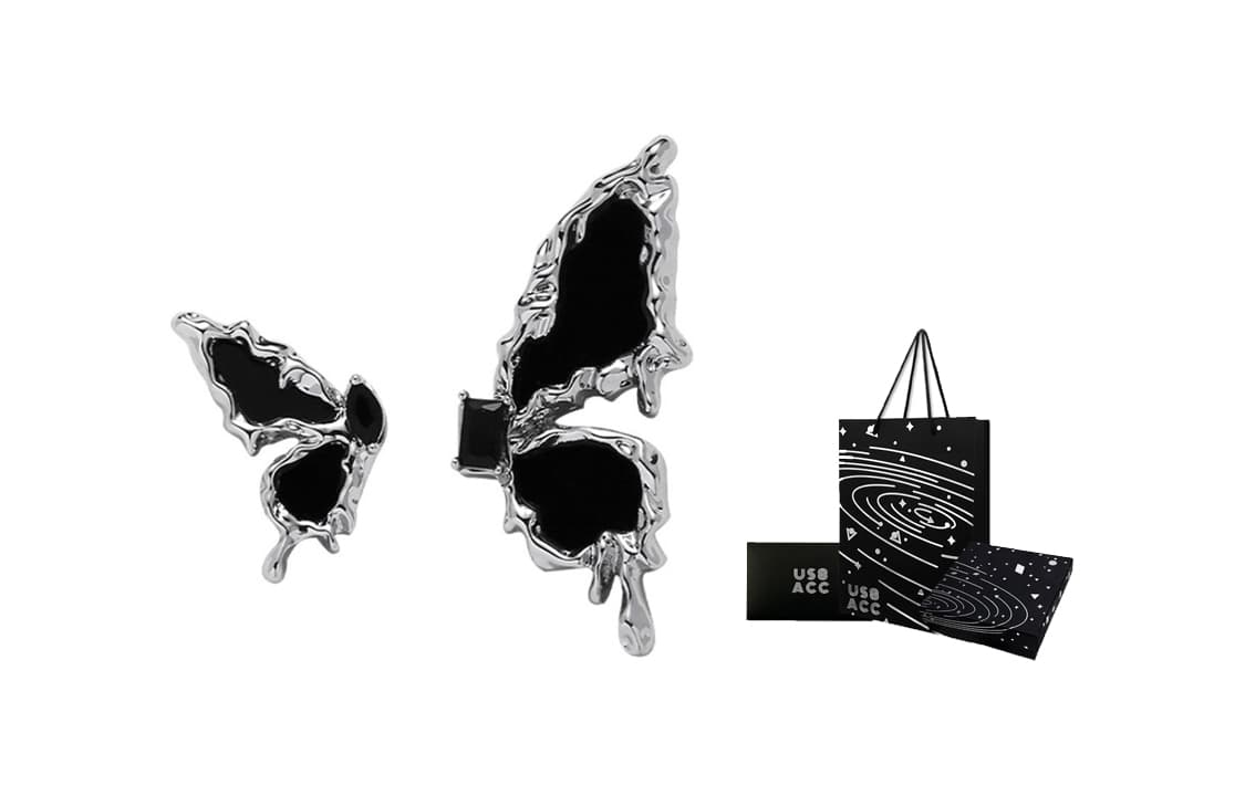 US8ACC Earrings Silver Black Melted Butterfly Hoop Earrings