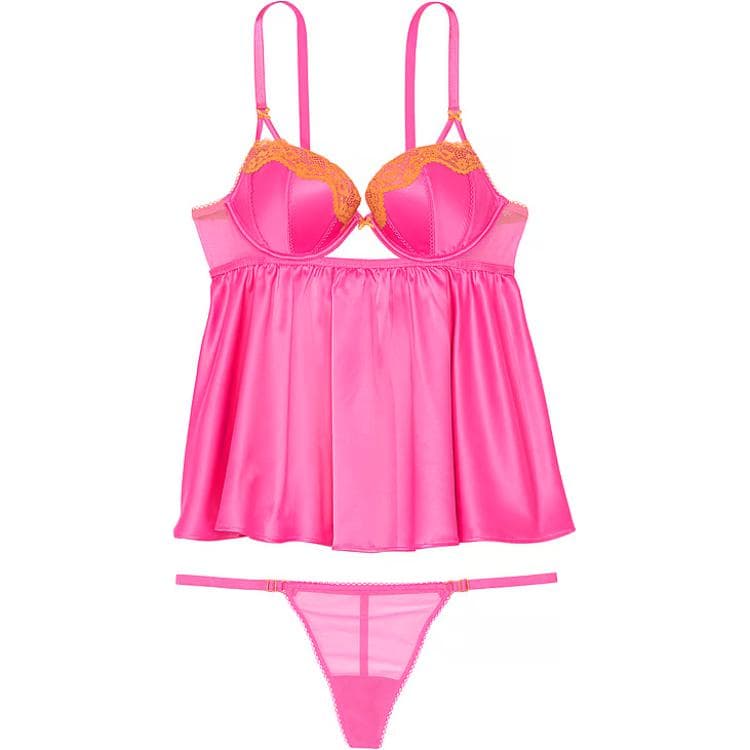 Victoria's Secret VERY SEXY Tease Satin Push Up Babydoll/P Pajama Set Pink Pink/Pink