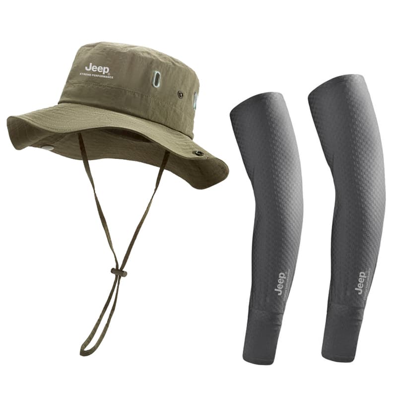 Jeep Polyester Sun Protection Hats Khaki TwoPiece Set (Hat+Cooling Arm Sleeves)